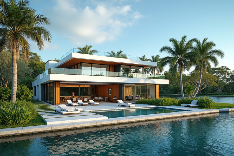 Luxury waterfront home in Florida with vibrant tropical landscape and natural daylight