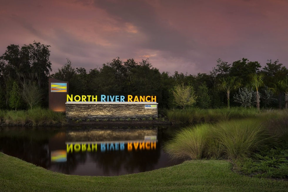 North River Ranch community entrance at twilight in Parrish, FL