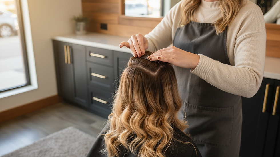 Close-up view of hair extensions being applied by a stylist
