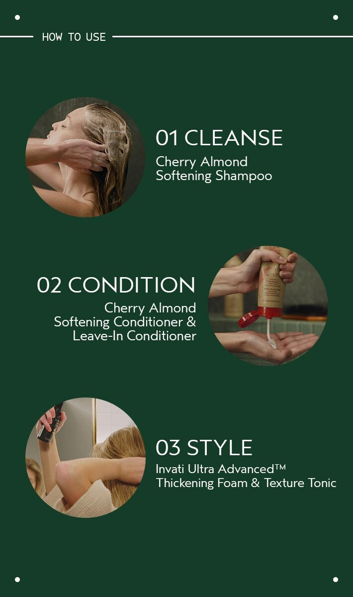 Aveda Cherry Almond collection featuring Softening Shampoo, Conditioner, and Leave-In Conditioner for smooth, shiny hair