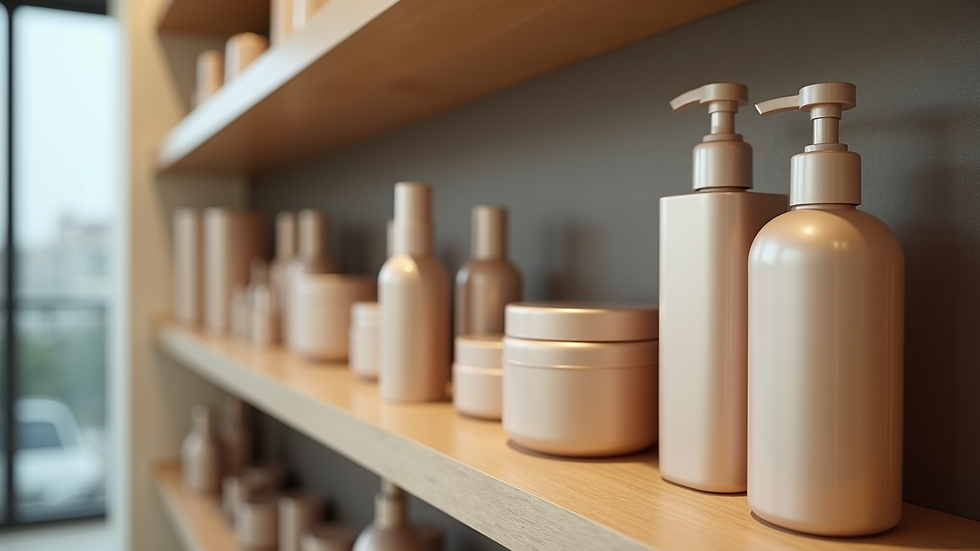 Eye-level view of hair care products on salon shelf