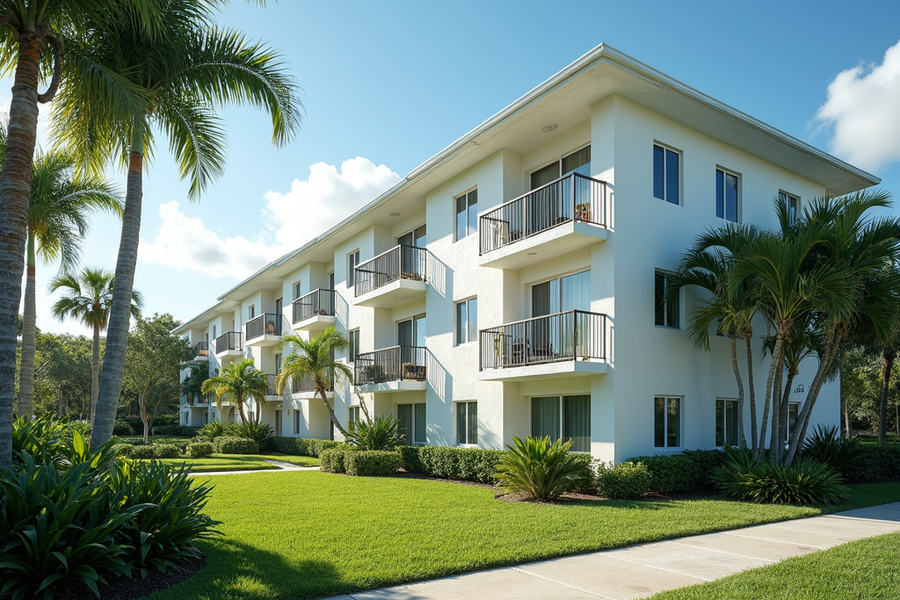 Modern waterfront condo complex in Florida with tropical landscaping and bright blue skies