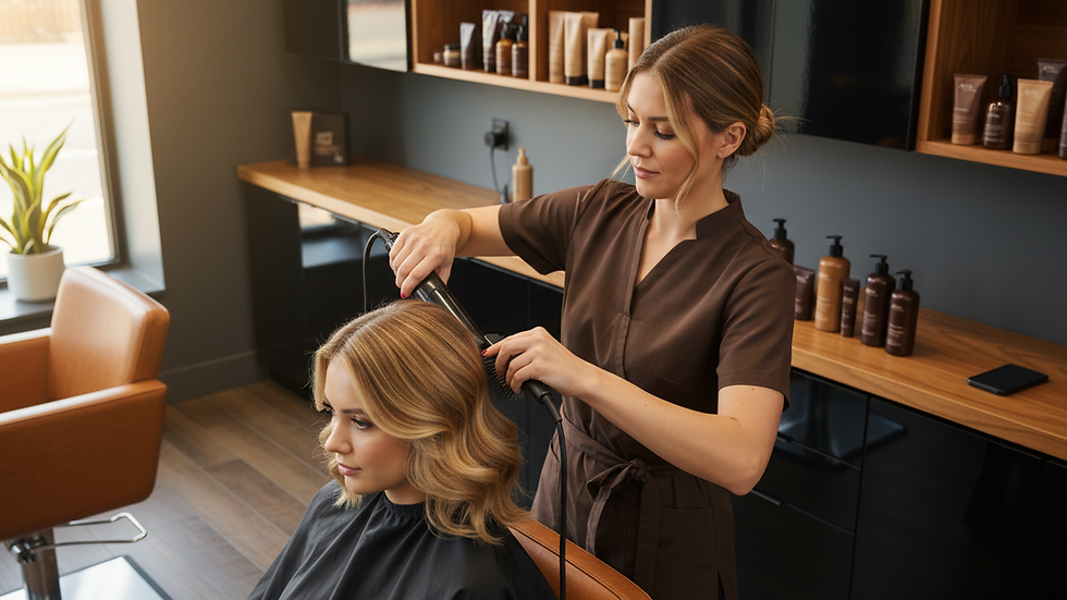 High angle view of a stylist finishing a haircut in a bright salon