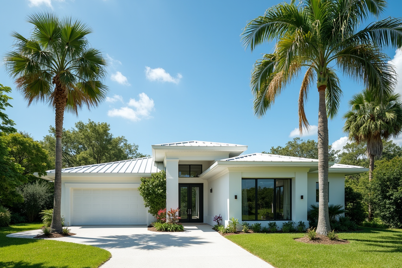 Modern Florida home exterior with palm trees and professional landscaping