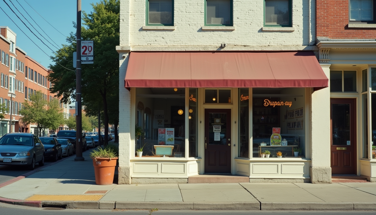 Eye-level view of a small storefront with a clear street sign showing the business name