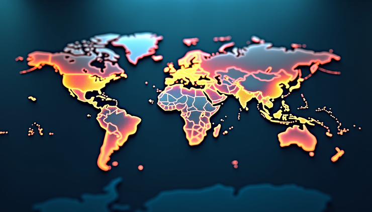 Eye-level view of a digital map highlighting targeted geographic locations