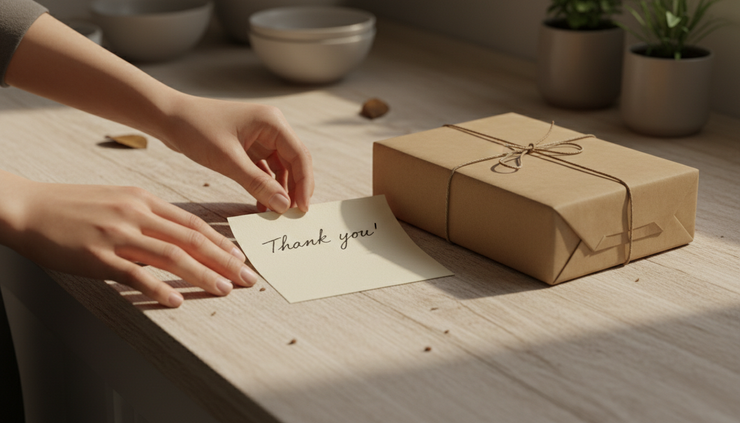 Close-up view of a hand placing a thank-you note next to a package ready for delivery.