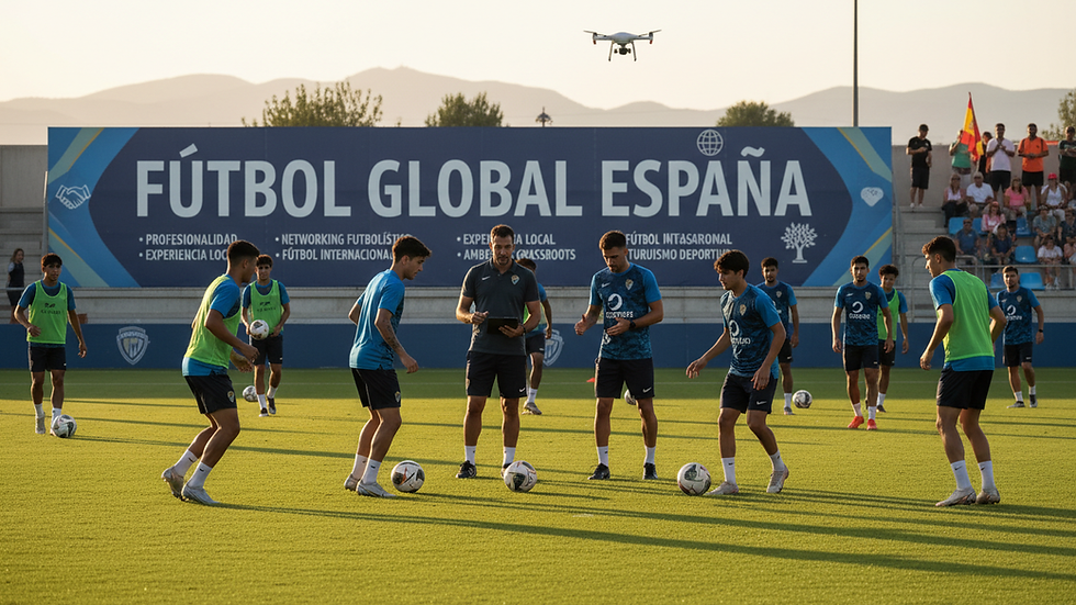 Eye-level view of a football training session on a lush green pitch in Spain