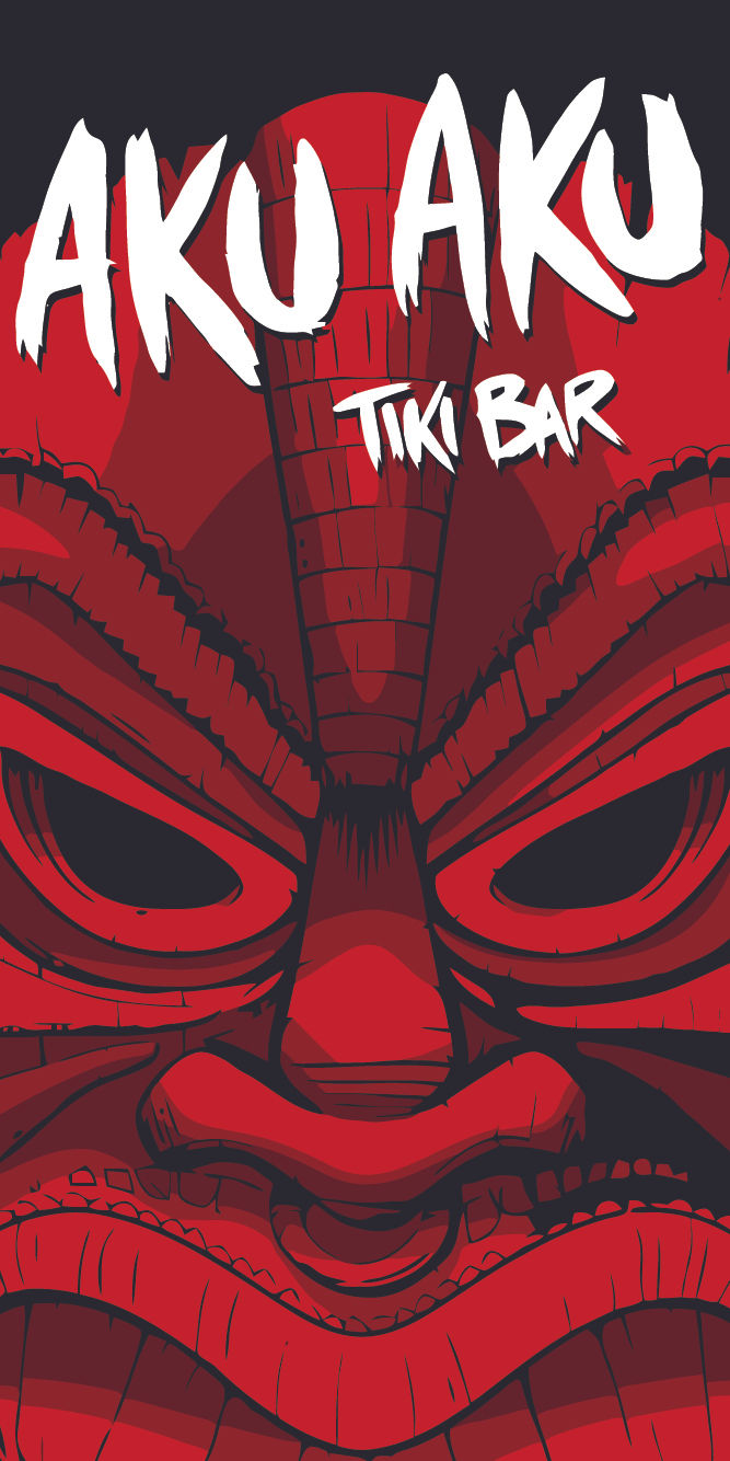 Red tiki mask with AKU AKU TIKI BAR text