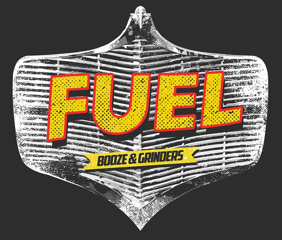 FUEL BOOZE & GRINDERS logo on a vintage car grille