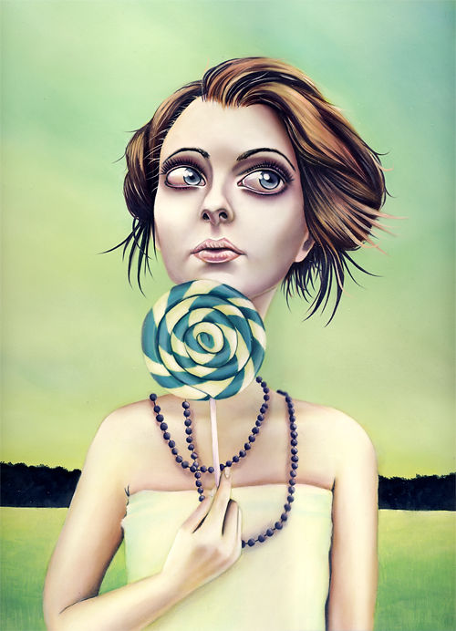 Painting of a young woman holding a blue spiral lollipop