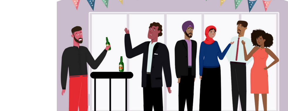 An example of a scenario-based learning graphic. An office party with drinks and decorations.