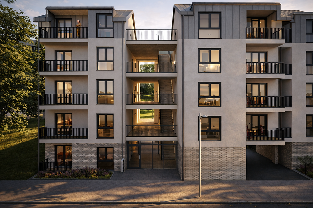 Wohnungsbau Bochum Straßenansicht Laubengang Konzept
