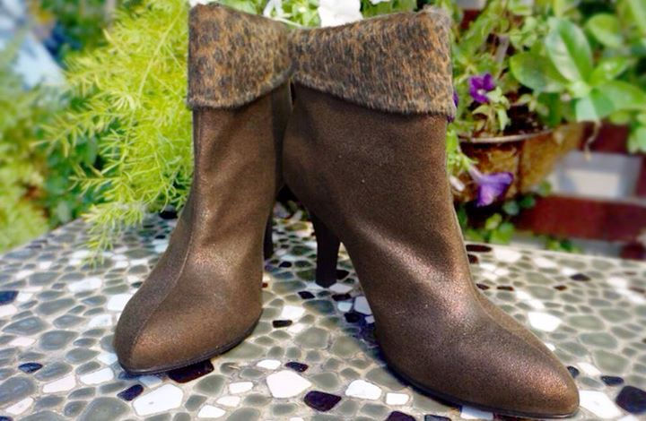 Best Lady 咖啡魅金 仿皮拼接豹紋 高跟踝靴 40號