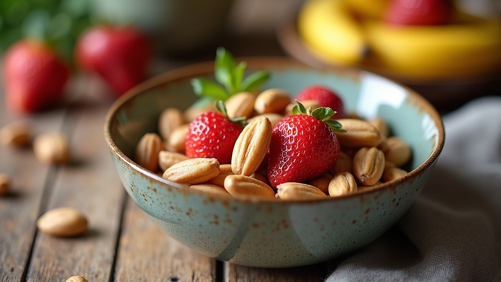 Close-up of a bowl with healthy nuts and fresh fruit on a wooden table