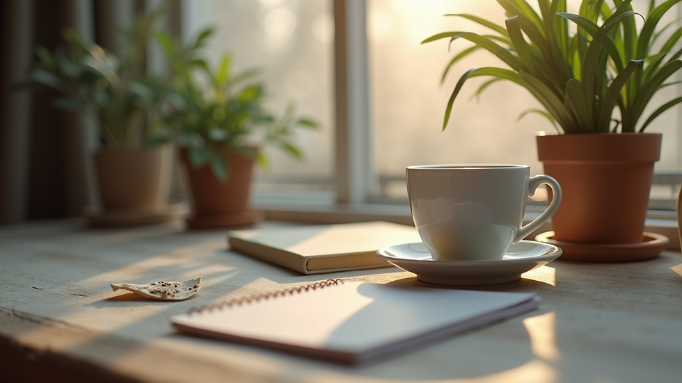 Eye-level view of a cozy corner with a cup of herbal tea and a notebook