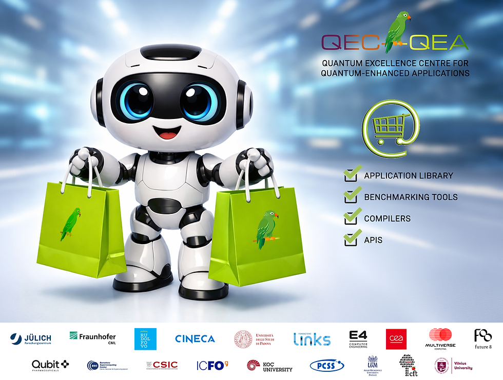Robotek projekta QEC4QEA ob vizualu kvantnega računalništva in evropskega sodelovanja pri razvoju kvantno izboljšanih aplikacij.