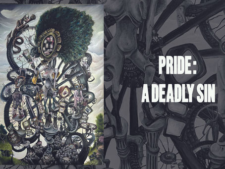 Seven Deadly Sins series of paintings exploring the darker side to human nature created by Welsh artist Julia O'Sullivan of Jupigio Artwork. This painting shows the figure of Pride with a head of peacock feathers standing on a pedestal for all to admire. Pride needs to be admired, Pride needs to be worshiped.