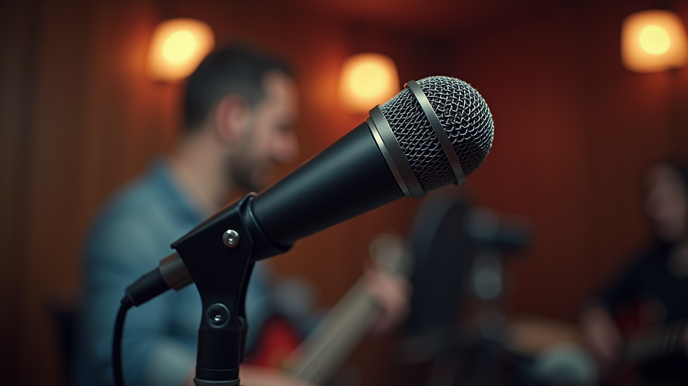 Close-up view of a microphone on a stand in a recording studio