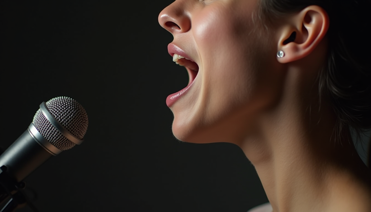 Close-up view of a singer’s throat and neck muscles during vocal exercise