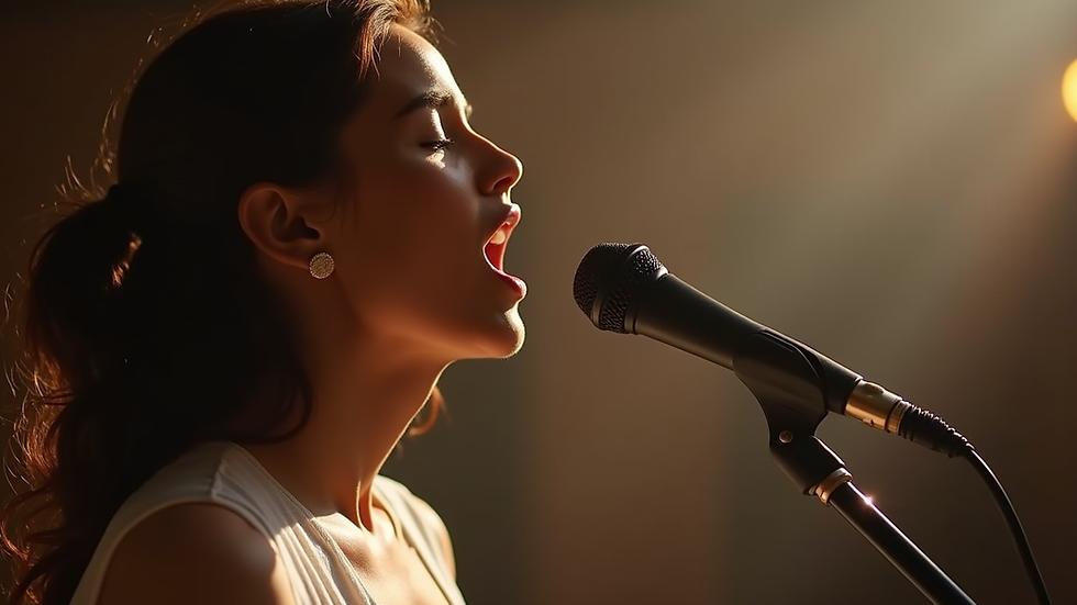 Close-up view of a singer practicing deep breathing exercises