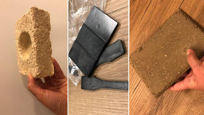Products made from hemp from left to right: Packaging package, bioplastic, plaster material / Photo: Gökçen Tuncer