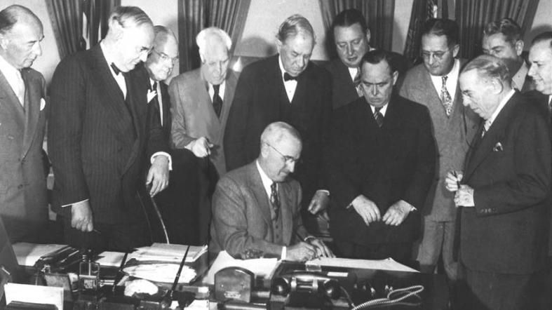 Then-U.S. President Harry Truman signed the Economic Cooperation Agreement, also known as the "Marshall Plan," on April 3, 1948. (Photo: George C. Marshall Foundation)