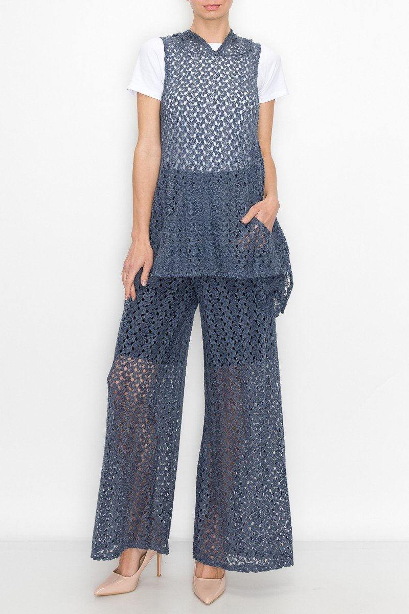 Thumbnail: Sleeveless Hooded Top and Wide Leg Pants Set - Denim Blue