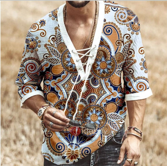 Thumbnail: Men's Chest Lace-Up Short-Sleeved Printed Shirt