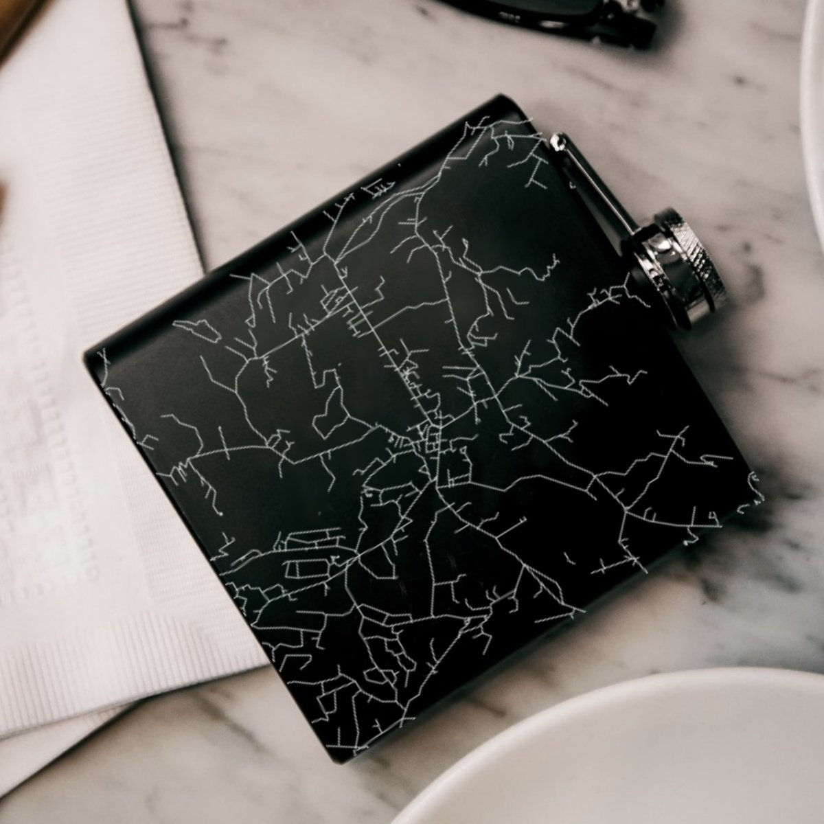Woodstock - New York Engraved Map Hip Flask in Matte Black