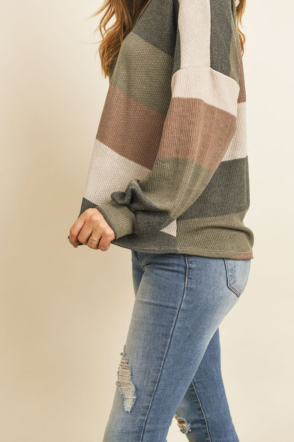 Thumbnail: Rib Multicolor Stripes V-Neck Puff Sleeves Top