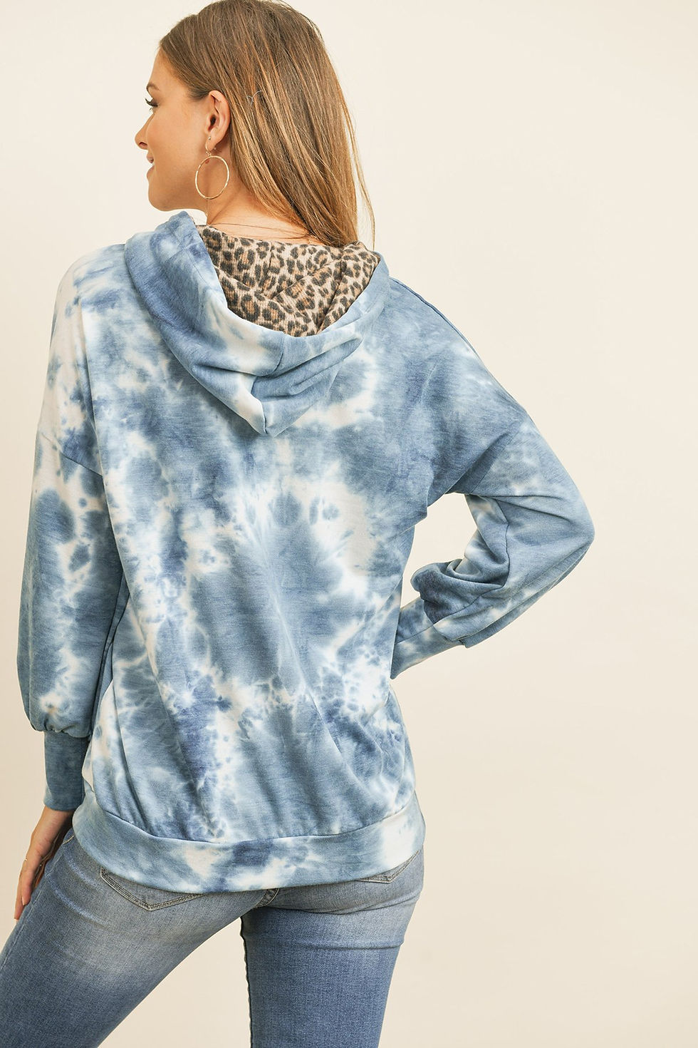 Miniatura: Tie Dye Long Sleeve Leopard Contrast Pocket Hoodie With Drawstrings