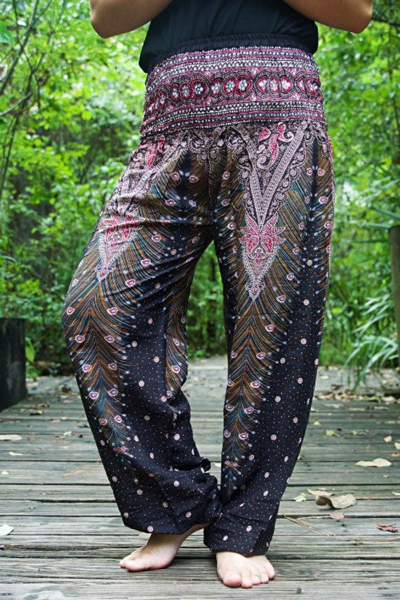 Brown Pink PEACOCK Women Boho Pants Hippie Pants Yoga Pants