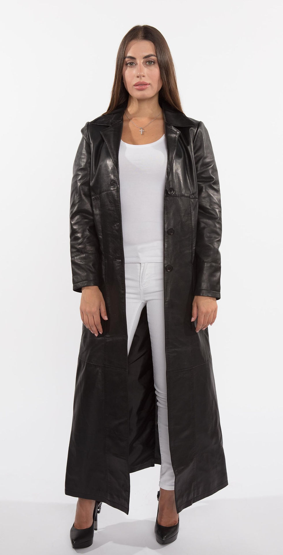 Thumbnail: Ladies 3 Button Matrix Black Full Length Leather Coat
