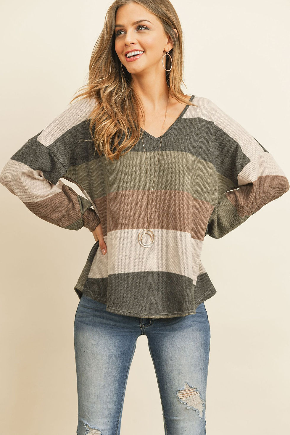 Thumbnail: Rib Multicolor Stripes V-Neck Puff Sleeves Top