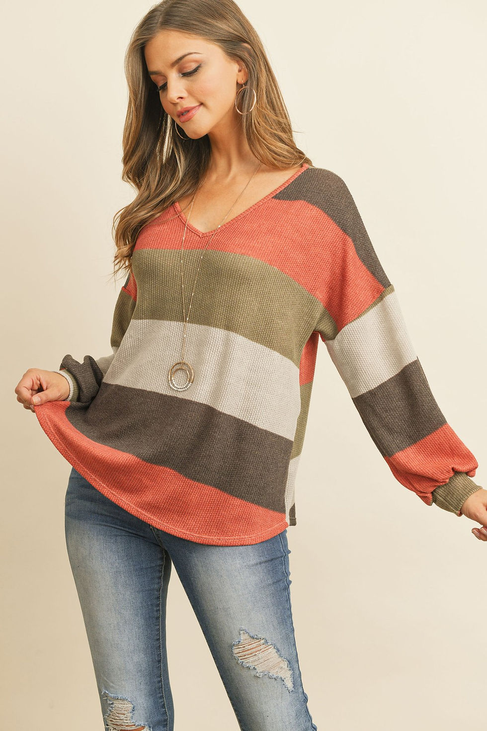 Thumbnail: Rib Multicolor Stripes V-Neck Puff Sleeves Top