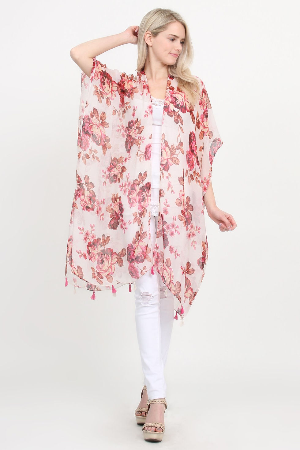 Miniatura: Open Front Knee Length Floral Cardigan