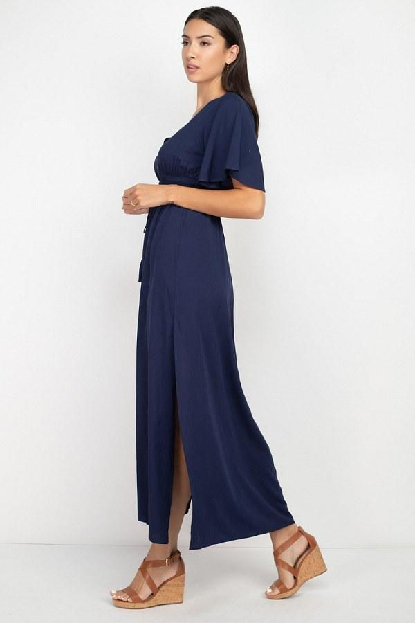 Thumbnail: Solid Side Slit Smocked Waist Maxi Dress