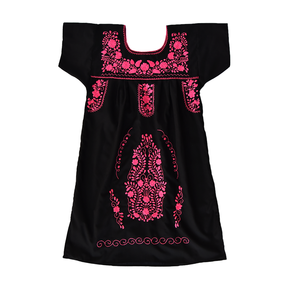 Thumbnail: Handmade Loose Black Dress, Hot Pink Embroidery.