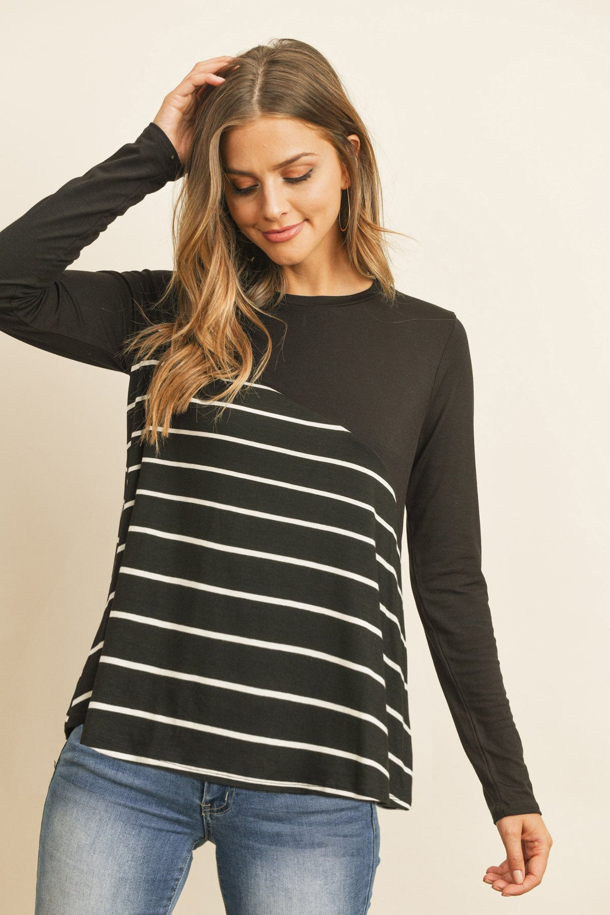 Solid Stripe Contrast Color Block Top