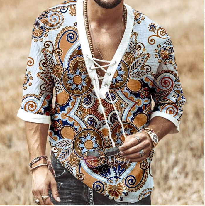 Thumbnail: Men's Chest Lace-Up Short-Sleeved Printed Shirt