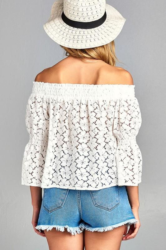 Thumbnail: Women's 3/4 Three Quarter Long Sleeve Off Shoulder Floral Lace Top