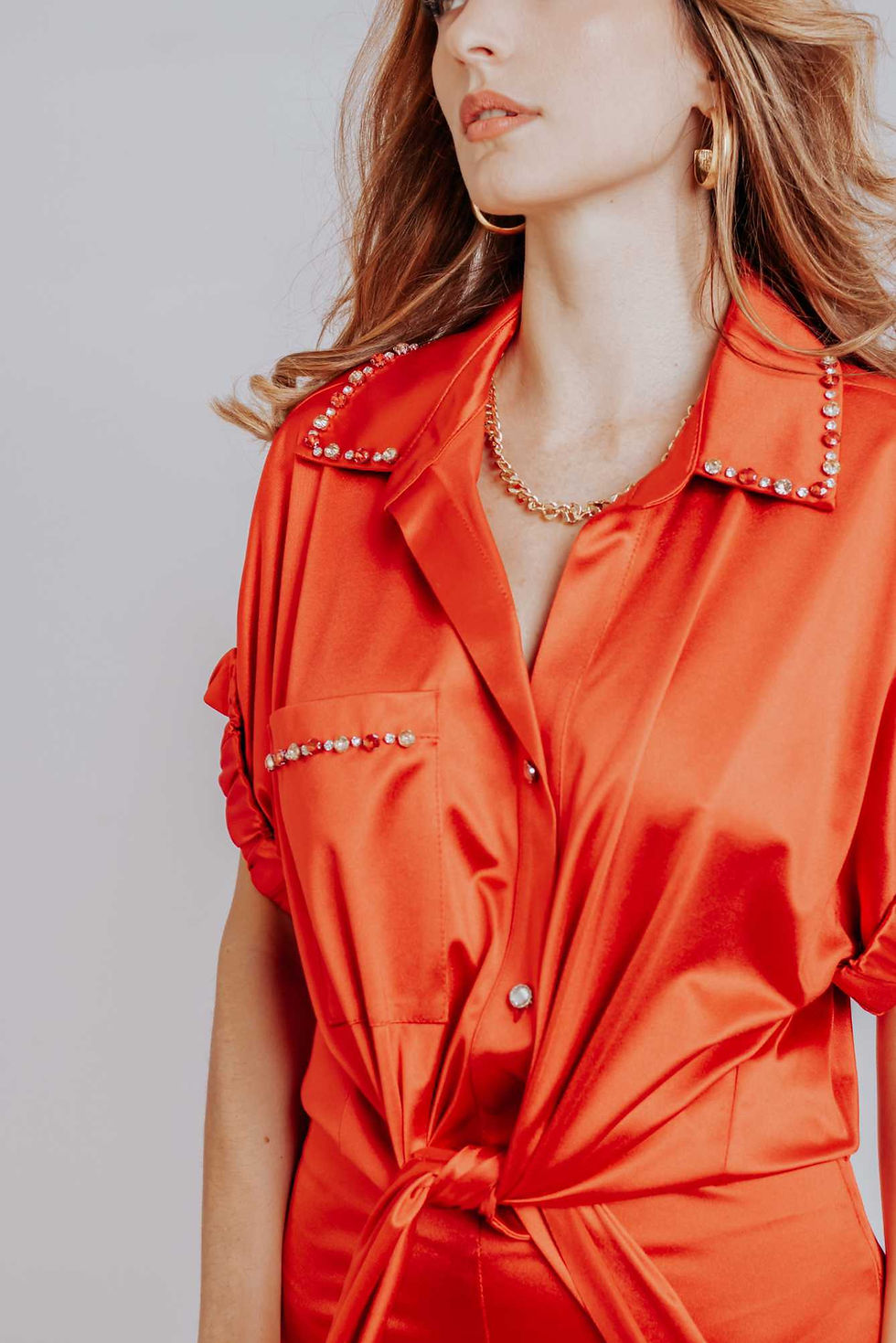 Thumbnail: Rosie Tie Front Satin Shirt