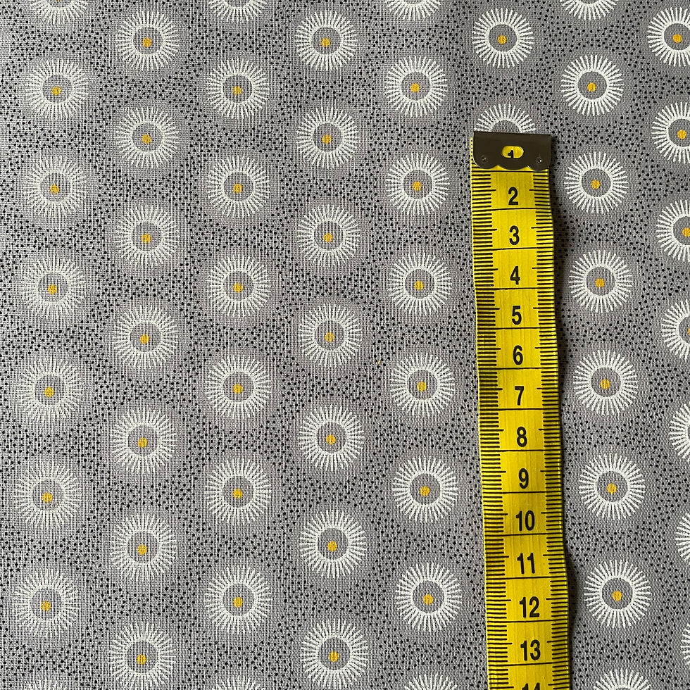 Thumbnail: Grey Suns Shweshwe with measuring tape showing pattern size