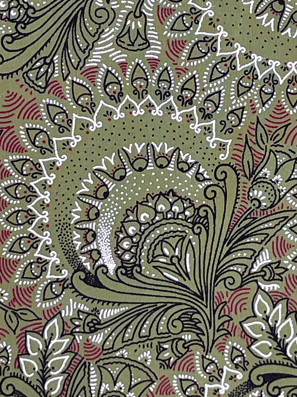 Thumbnail: Detailed view of Olive Green Peacocks Shweshwe fabric print and cotton texture