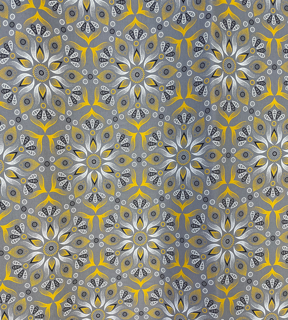 Thumbnail: Grey Hexagonal Flowers Three Cats Shweshwe fabric with mustard yellow, white and black floral motifs