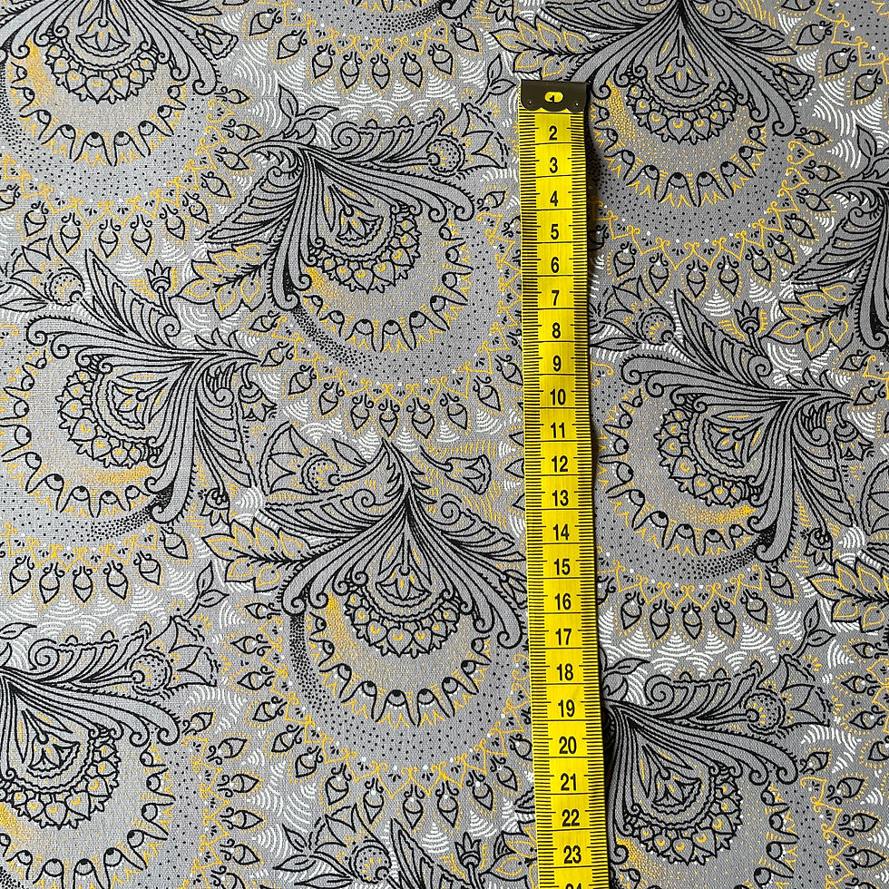 Thumbnail: Grey Peacock Shweshwe with measuring tape showing repeat size