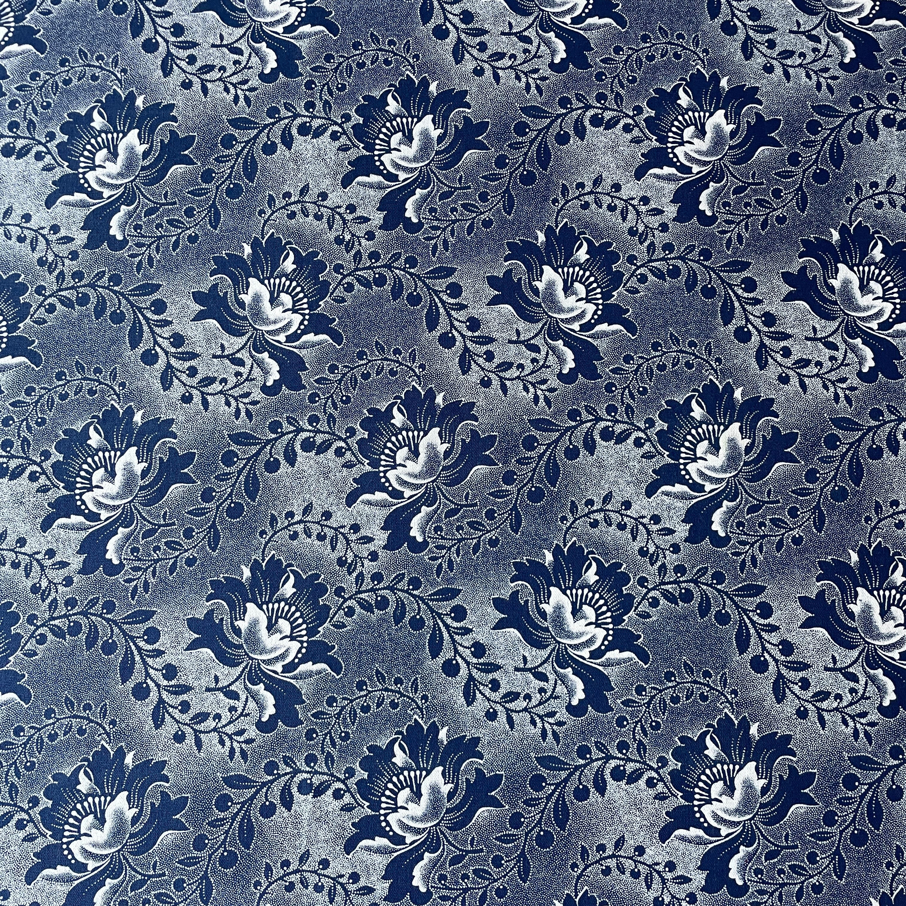 Indigo Large Floral Three Cats Shweshwe full fabric view