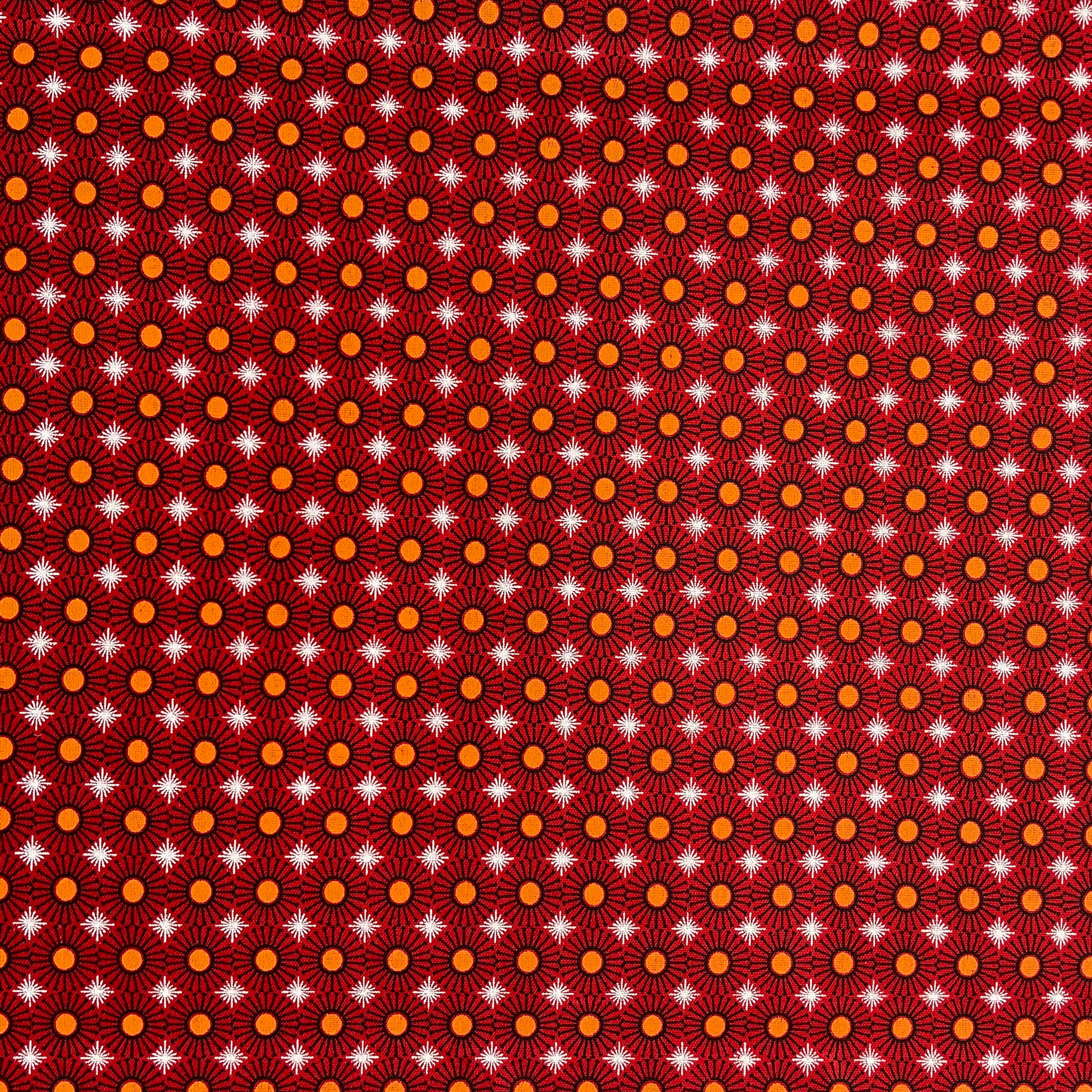 Red Shweshwe fabric – full view fireworks design, Da Gama Three Cats