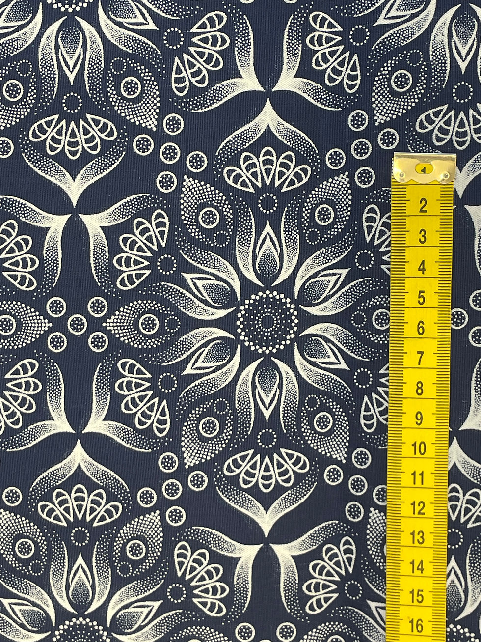 Indigo Hexagonal Flowers Shweshwe fabric with measuring tape showing floral motif scale